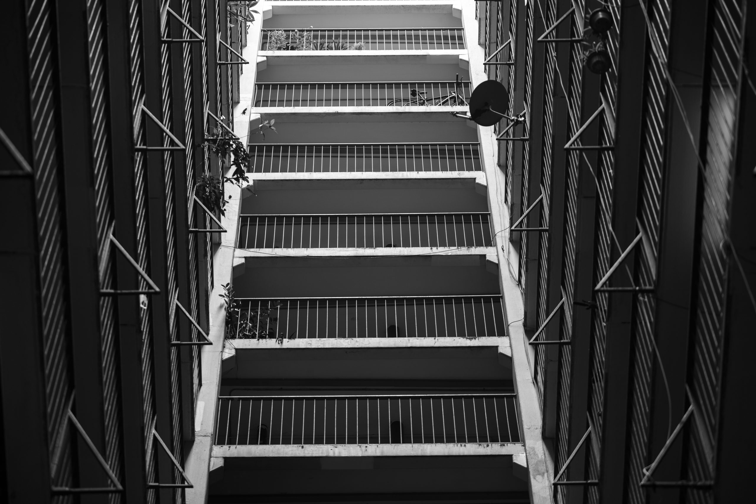 Abstract Geometry Images of Building Facade. Low cost flat architecture. Low angle view. Black and white architecture abstract
